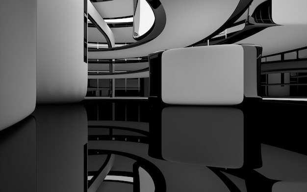 Abstract smooth architectural white and black gloss interior of a minimalist house with large window