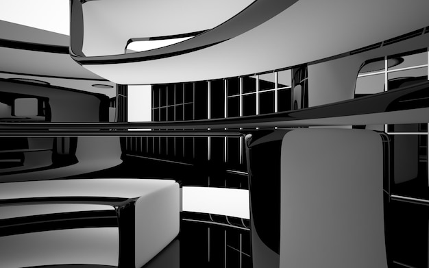 Abstract smooth architectural white and black gloss interior of a minimalist house with large window