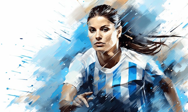 Abstract soccer action image of a female football player colorful painted illustration