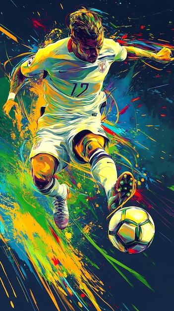 Photo abstract soccer player kicking a ball with colorful splashes