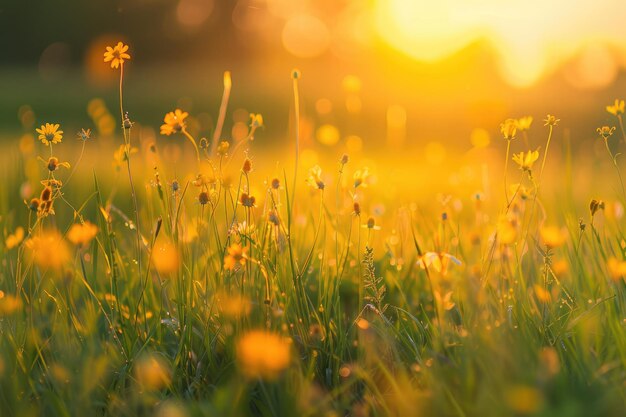 Abstract Soft Focus Sunset Field Landscape of Yellow Flowers