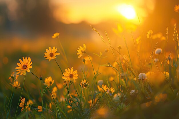 Abstract Soft Focus Sunset Field Landscape of Yellow Flowers