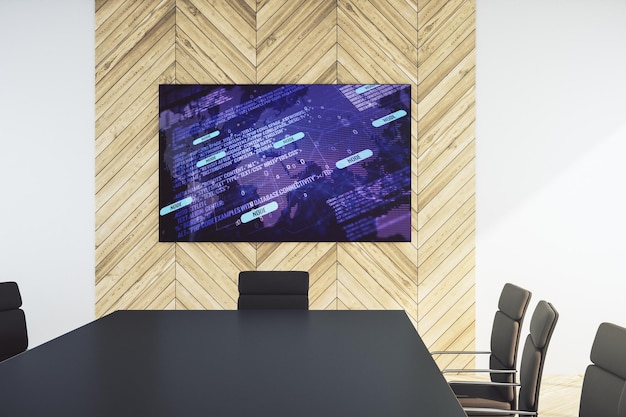 Abstract software development hologram and world map on presentation tv screen in a modern meeting