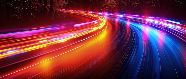 Abstract Speed motion on the neon glowing lights road at dark Road