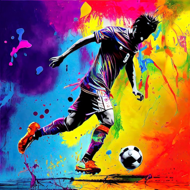 Abstract splattered splashed graffiti paint of shadow of man playing soccer with a colorful energy