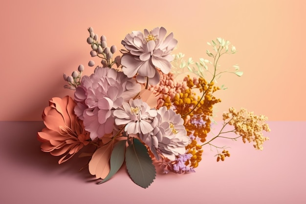 Abstract spring bouquet of flowers on pastel pink background created with generative ai