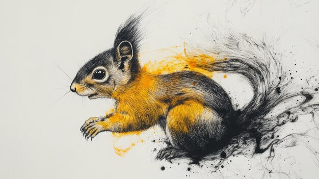 Photo abstract squirrel pen art yellow black side profile super hd 4k