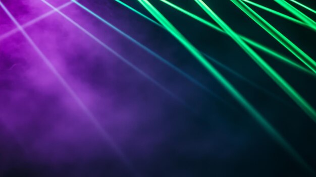 Photo abstract stage lights background with purple and green laser beams and smoke effect