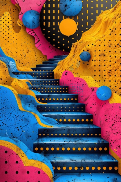 Abstract Stairway with Colorful Shapes and Geometric Patterns