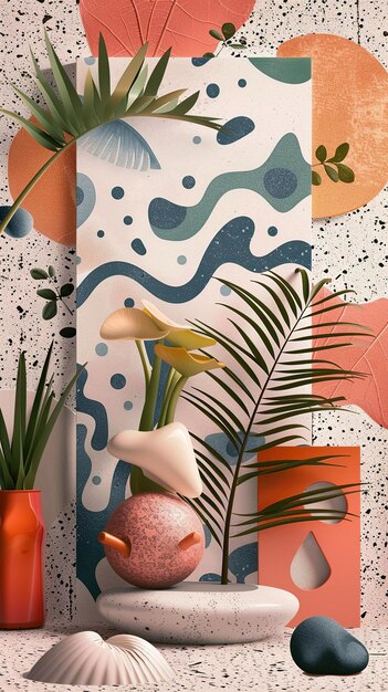 Photo abstract still life with tropical plants and geometric shapes