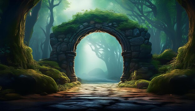 Photo abstract stone arch portal to mystic forest spiritual energy and salvation mystical atmosphere