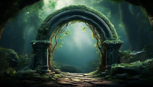 Photo abstract stone arch portal to mystic forest spiritual energy and salvation mystical atmosphere