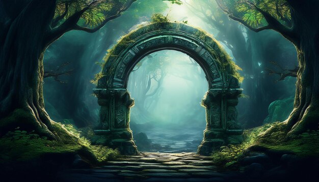 Photo abstract stone arch portal to mystic forest spiritual energy and salvation mystical atmosphere