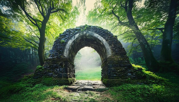 Photo abstract stone arch portal to mystic forest spiritual energy and salvation mystical atmosphere