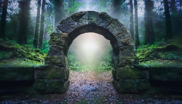 Photo abstract stone arch portal to mystic forest spiritual energy and salvation mystical atmosphere