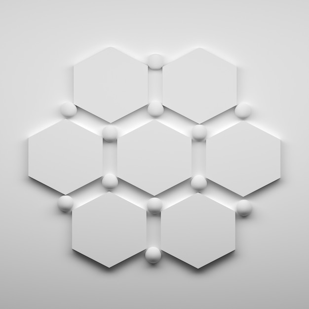 Abstract structure with seven hexagons and balls on the white surface.  