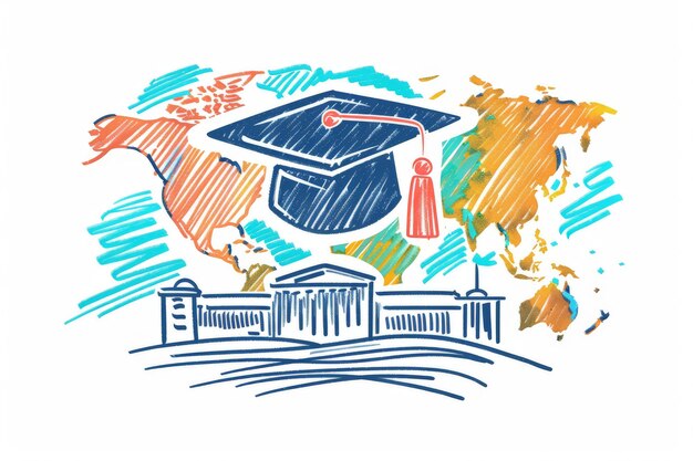 Photo abstract study abroad concept for student and graduation cap study foreign with university line art illustration on white background