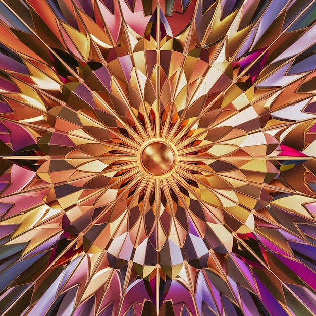 An abstract sunburst design with geometric shapes radiating out from a central point