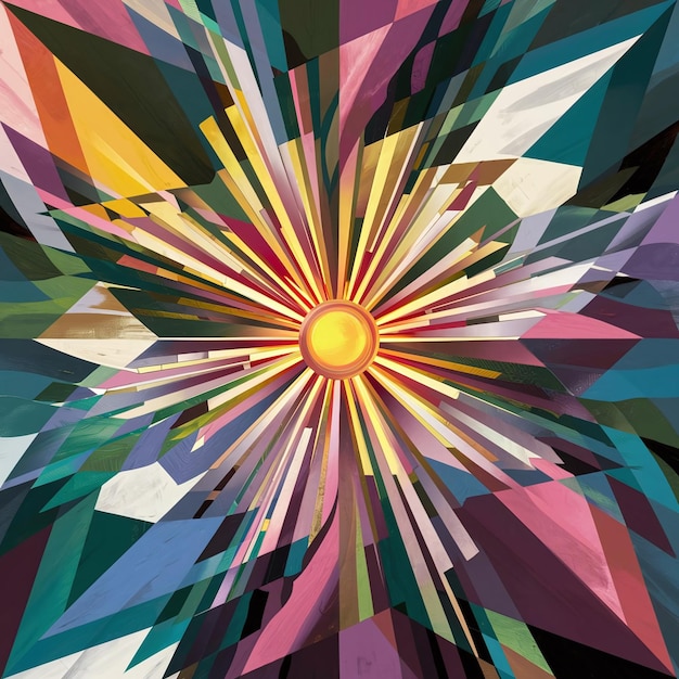 An abstract sunburst design with geometric shapes radiating out from a central point