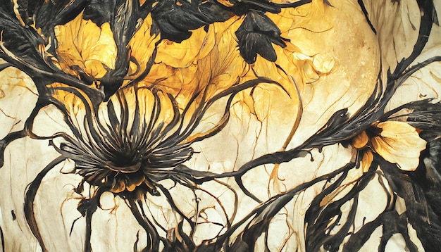 Abstract Sunflowers torn asunder wallpaper with black paint 3D illustration