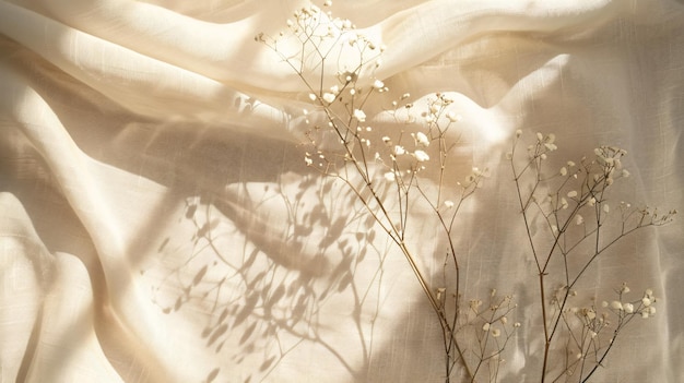 Photo abstract sunlight shadow silhouette on beige textile with an aesthetic floral background and space