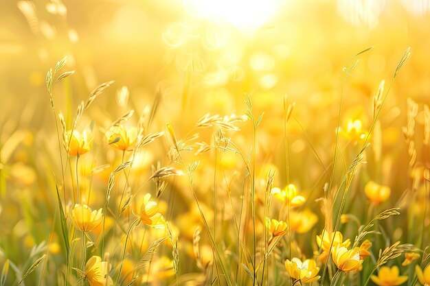 Abstract Sunset Field Landscape with Yellow Flowers and Grass Meadow