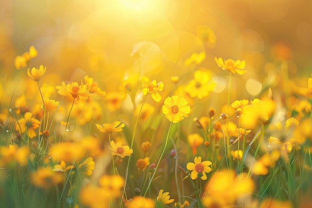 Abstract Sunset Field Landscape with Yellow Flowers and Grass Meadow