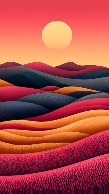 Photo abstract sunset landscape with colorful hills and sun