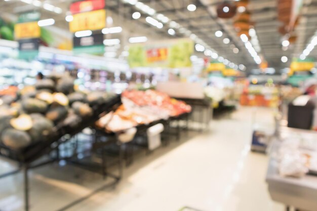 Abstract supermarket grocery store blurred defocused background with bokeh light