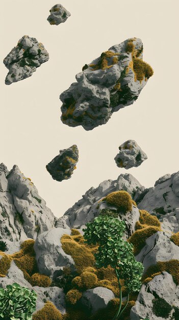 Photo abstract surreal landscape with floating rocks and green plants