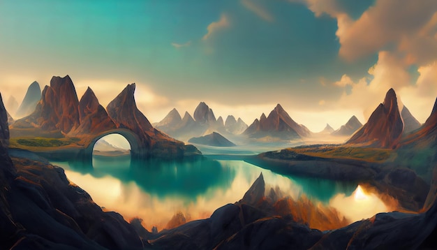 Abstract surreal seascape background with rocky mountains and mirror arches