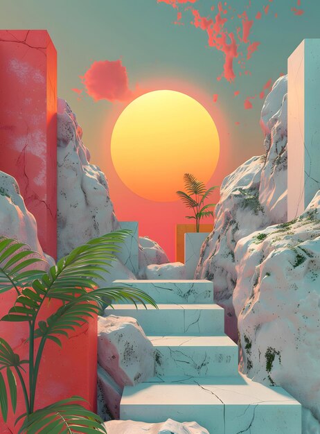 Abstract Surreal Sunset Landscape with Steps and Palm Trees