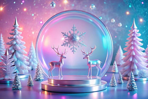 Photo abstract surreal winter scene with christmas decorations made of crystal glass xmas snowflakes empty circle podium christmas trees and deer on holographic pink background