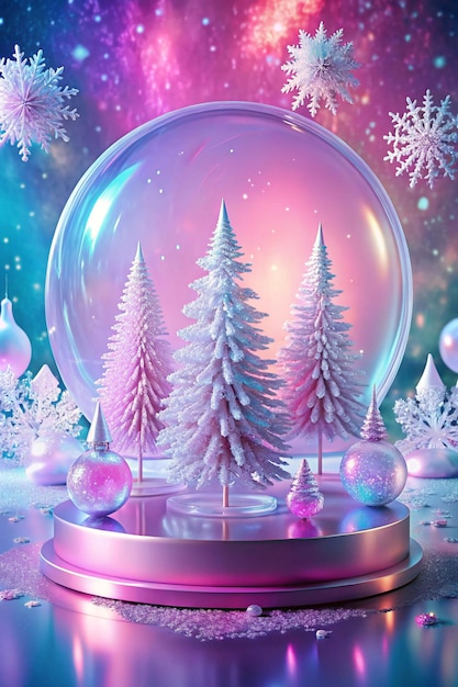 Abstract surreal Winter scene with Christmas decorations made of crystal glass Xmas snowflakes empty circle podium and Christmas trees on holographic pink background