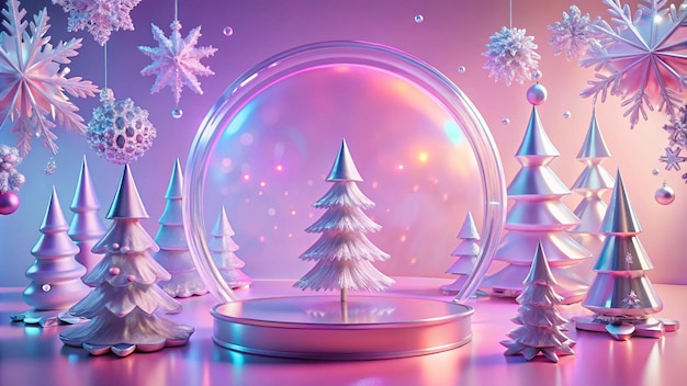 Abstract surreal Winter scene with Christmas decorations made of crystal glass Xmas snowflakes empty circle podium and Christmas trees on holographic pink background