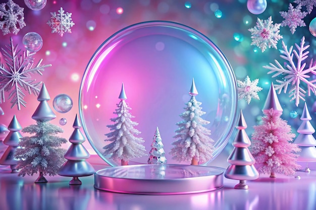 Abstract surreal Winter scene with Christmas decorations made of crystal glass Xmas snowflakes empty circle podium and Christmas trees on holographic pink background