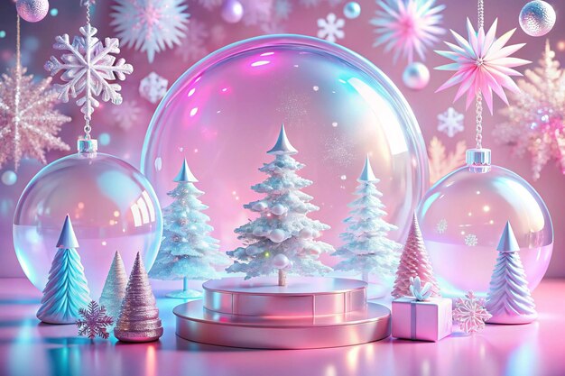 Abstract surreal Winter scene with Christmas decorations made of crystal glass Xmas snowflakes empty circle podiums and Christmas trees on holographic pink background