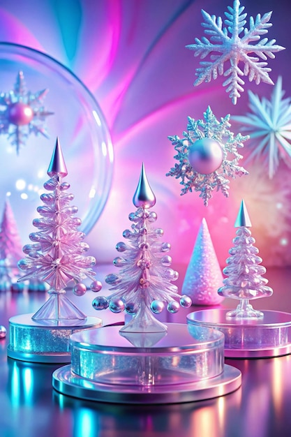 Photo abstract surreal winter scene with christmas decorations made of crystal glass xmas snowflakes empty circle podiums and christmas trees on holographic pink background