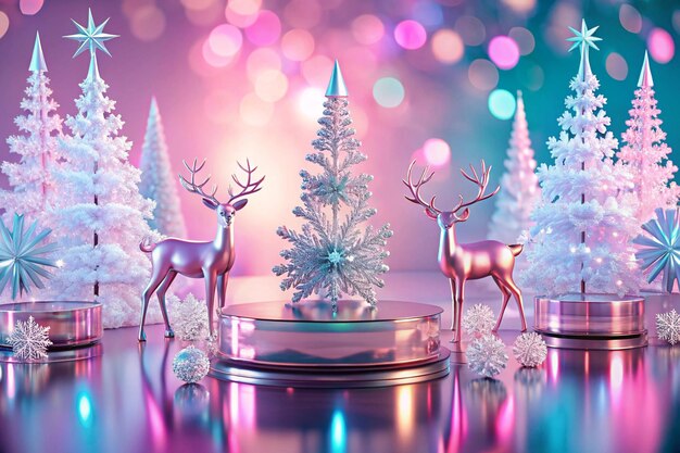 Abstract surreal Winter scene with Christmas decorations made of crystal glass Xmas snowflakes empty podium Christmas trees and deer on holographic pink background