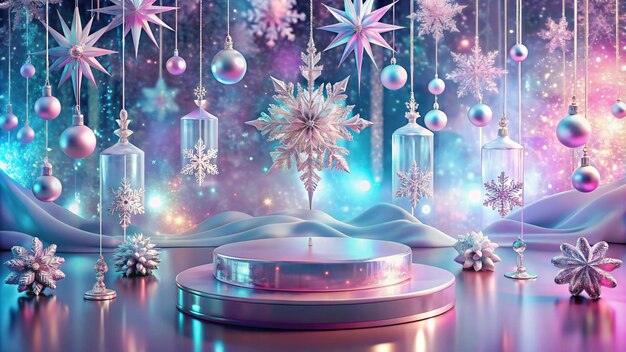 Abstract surreal Winter scene with Christmas decorations made of crystal glass Xmas snowflakes empty podium and icicles on holographic pink background with copy space