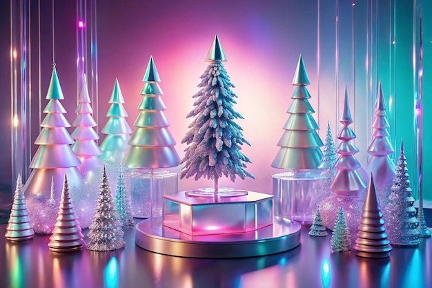 Photo abstract surreal winter scene with christmas decorations made of crystal glass xmas trees empty polygonal podium and icicles on holographic pink background with copy space