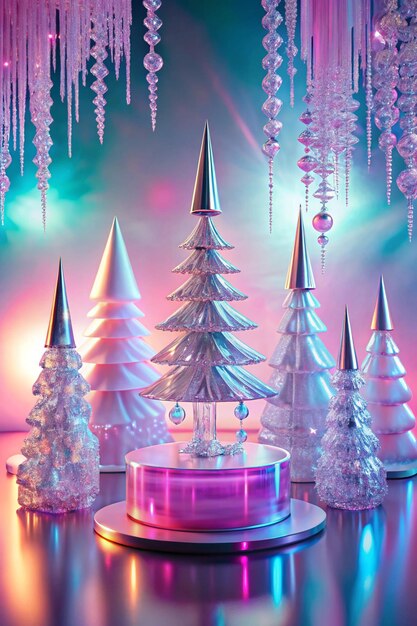 Abstract surreal Winter scene with Christmas decorations made of crystal glass Xmas trees empty polygonal podium and icicles on holographic pink background with copy space