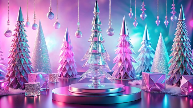 Abstract surreal Winter scene with Christmas decorations made of crystal glass Xmas trees empty polygonal podium and icicles on holographic pink background with copy space