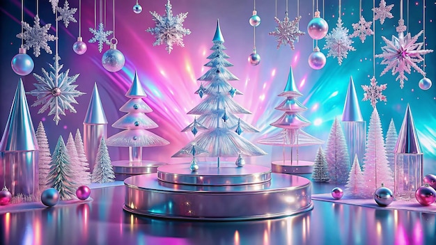 Photo abstract surreal winter scene with christmas decorations made of crystal glass xmas trees snowflakes empty podium and icicles on holographic pink background