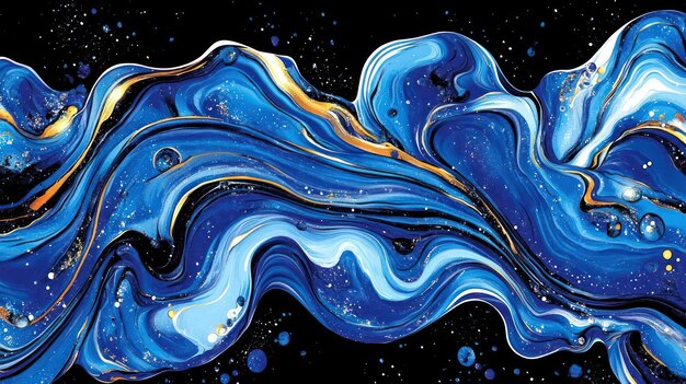 Photo abstract swirling blue and gold patterns on a black background evoking fluidity and movement