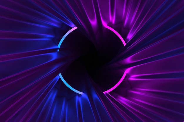 Abstract swirling corridor illuminated by neon lights 3D illustration