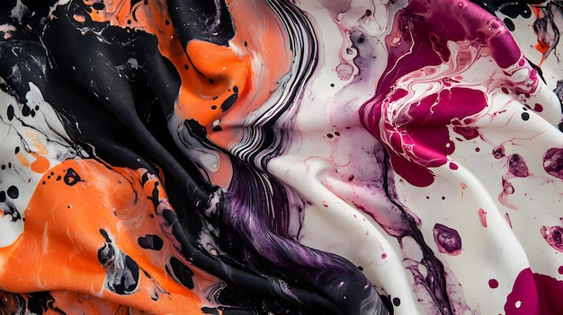 Photo abstract swirling fabric with orange pink black and white paint