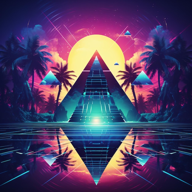 Abstract synth wave background with pyramids