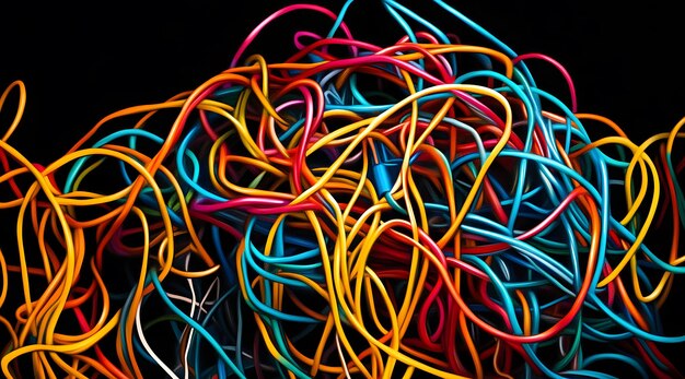 Photo abstract tangle of colorful wires on a black background