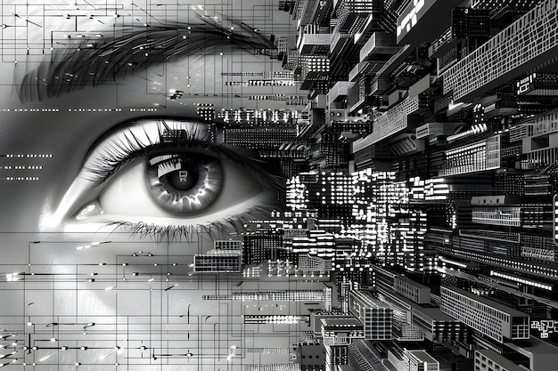 an abstract technoir concept art of a human eye merged with intricate digital circuitry